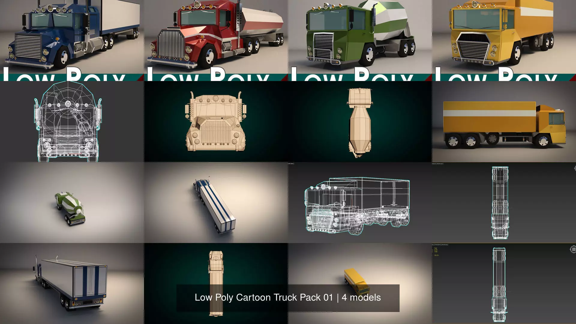 Low Poly Cartoon Truck Pack 01 3D Model Collection_1