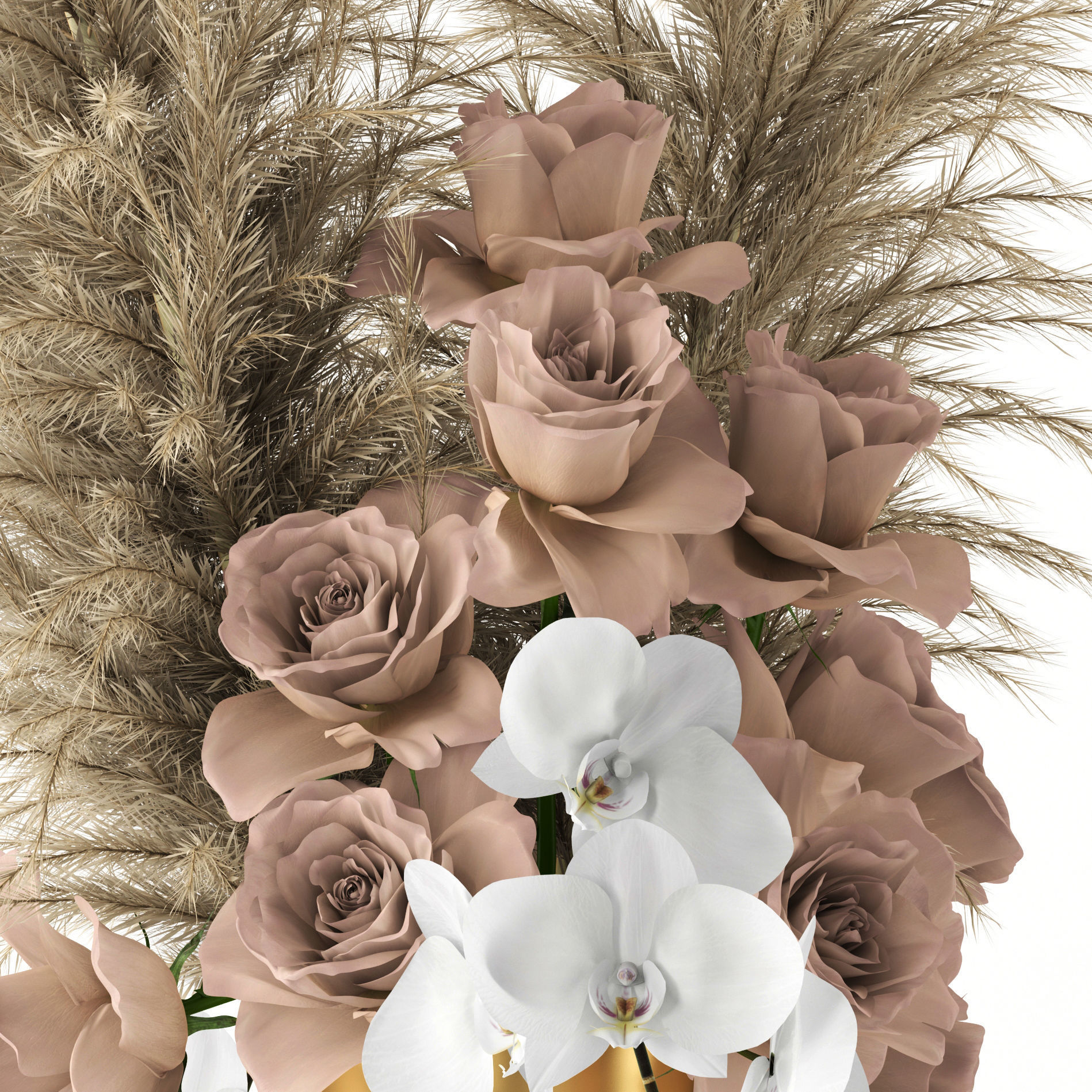 Pale roses and Co in brass vases 3D model_1