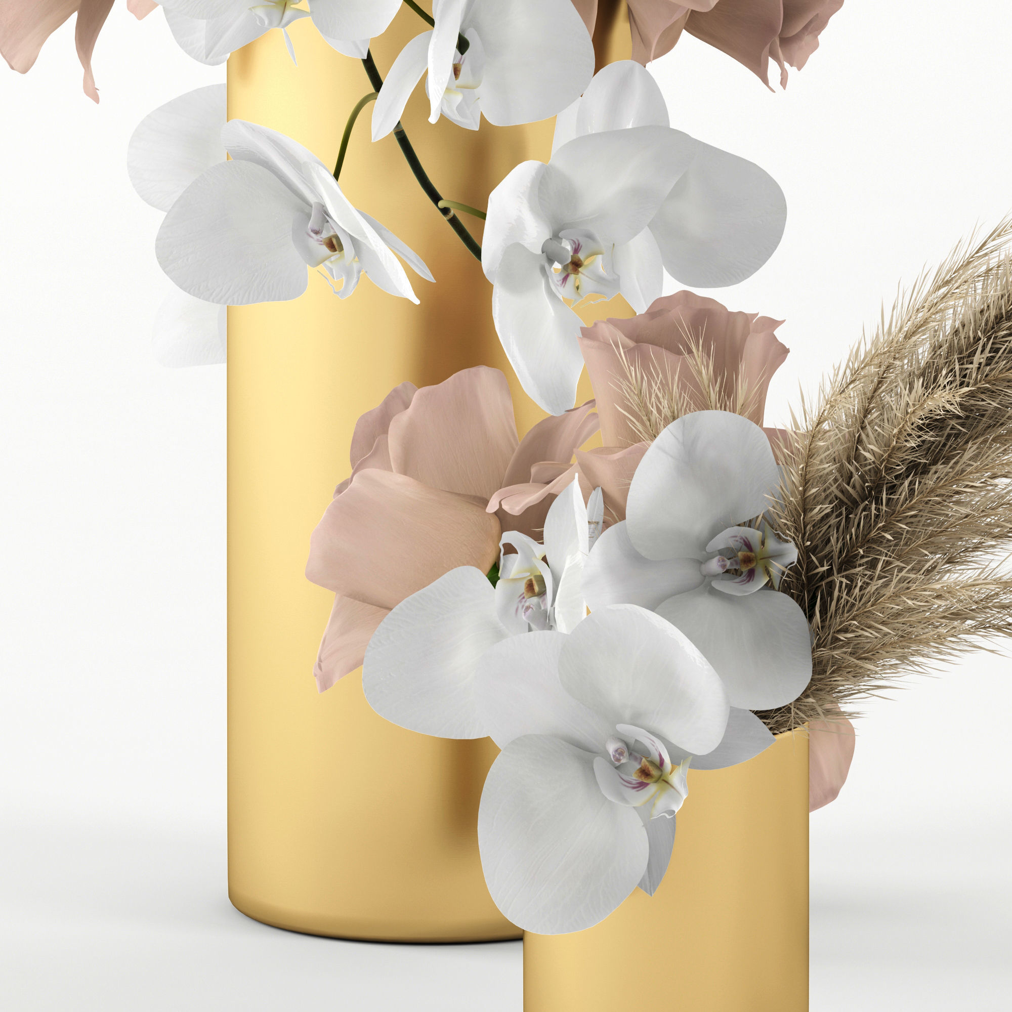 Pale roses and Co in brass vases 3D model_2