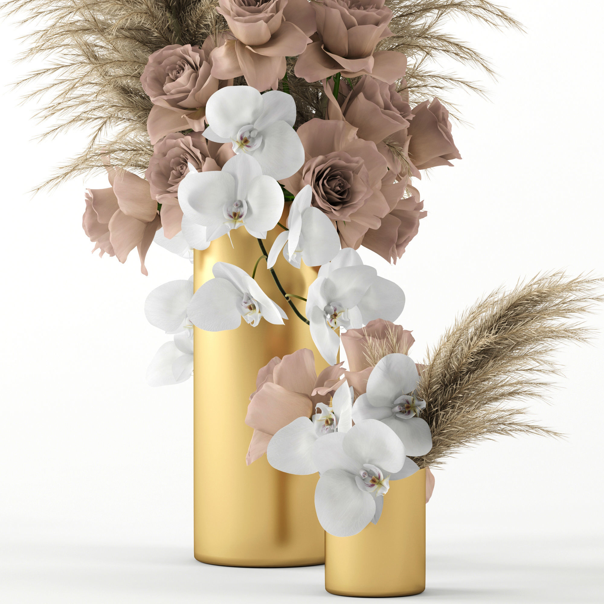 Pale roses and Co in brass vases 3D model_3