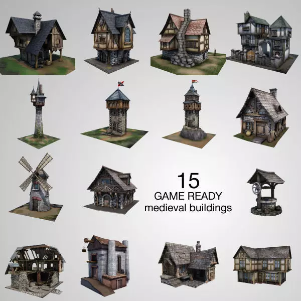 15 Medieval Buildings Model Pack Low-poly 3D model_0