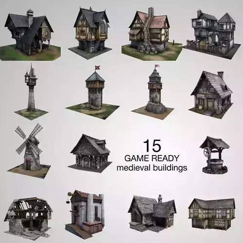 15 Medieval Buildings Model Pack Low-poly 3D model