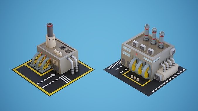 Set of 2 factories with textures Low-poly 3D model
