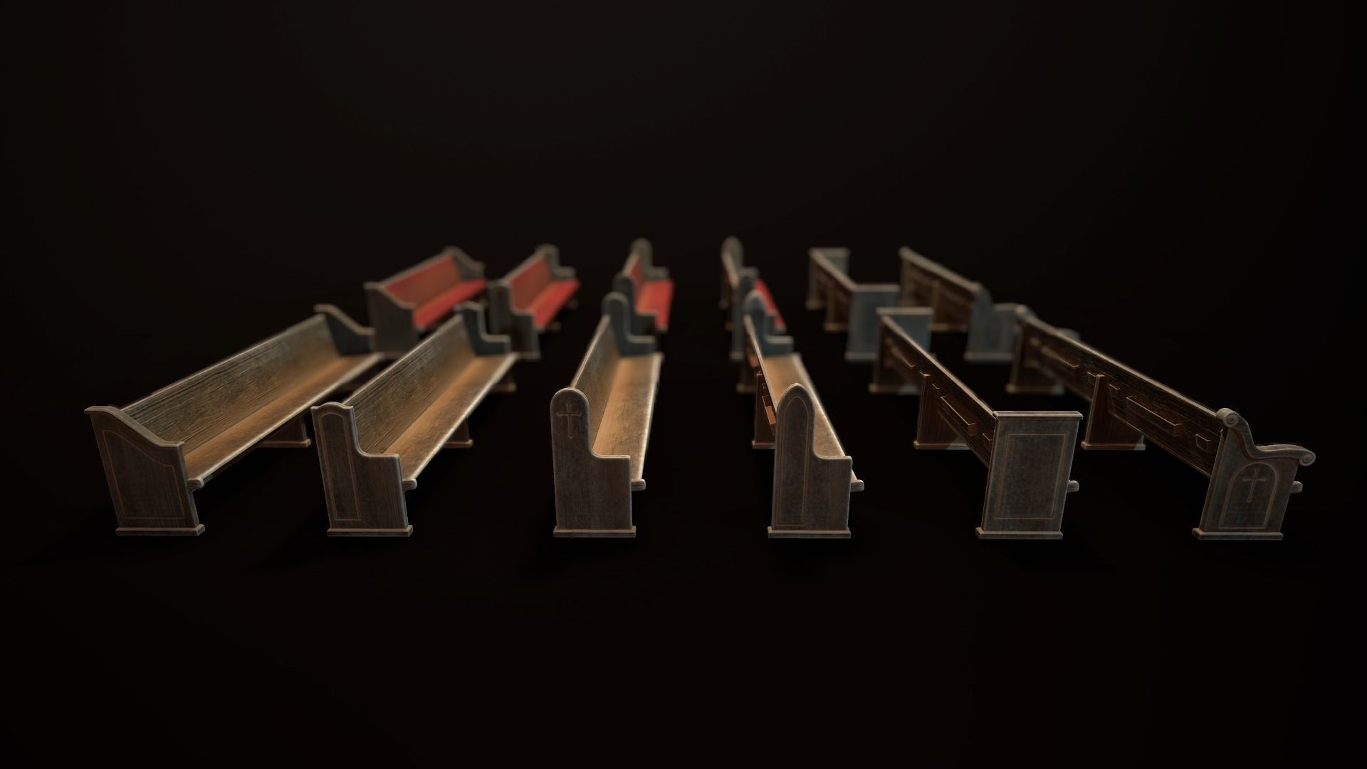 Game Ready Wooden Church Pews Set Low-poly 3D model_5