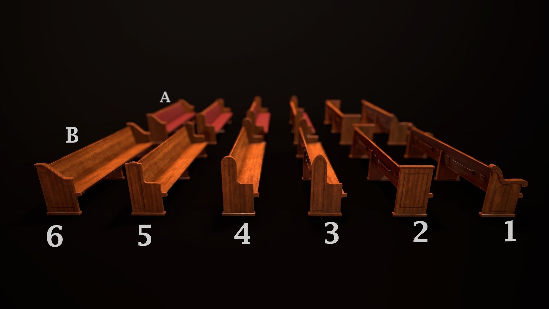 Game Ready Wooden Church Pews Set Low-poly 3D model_15