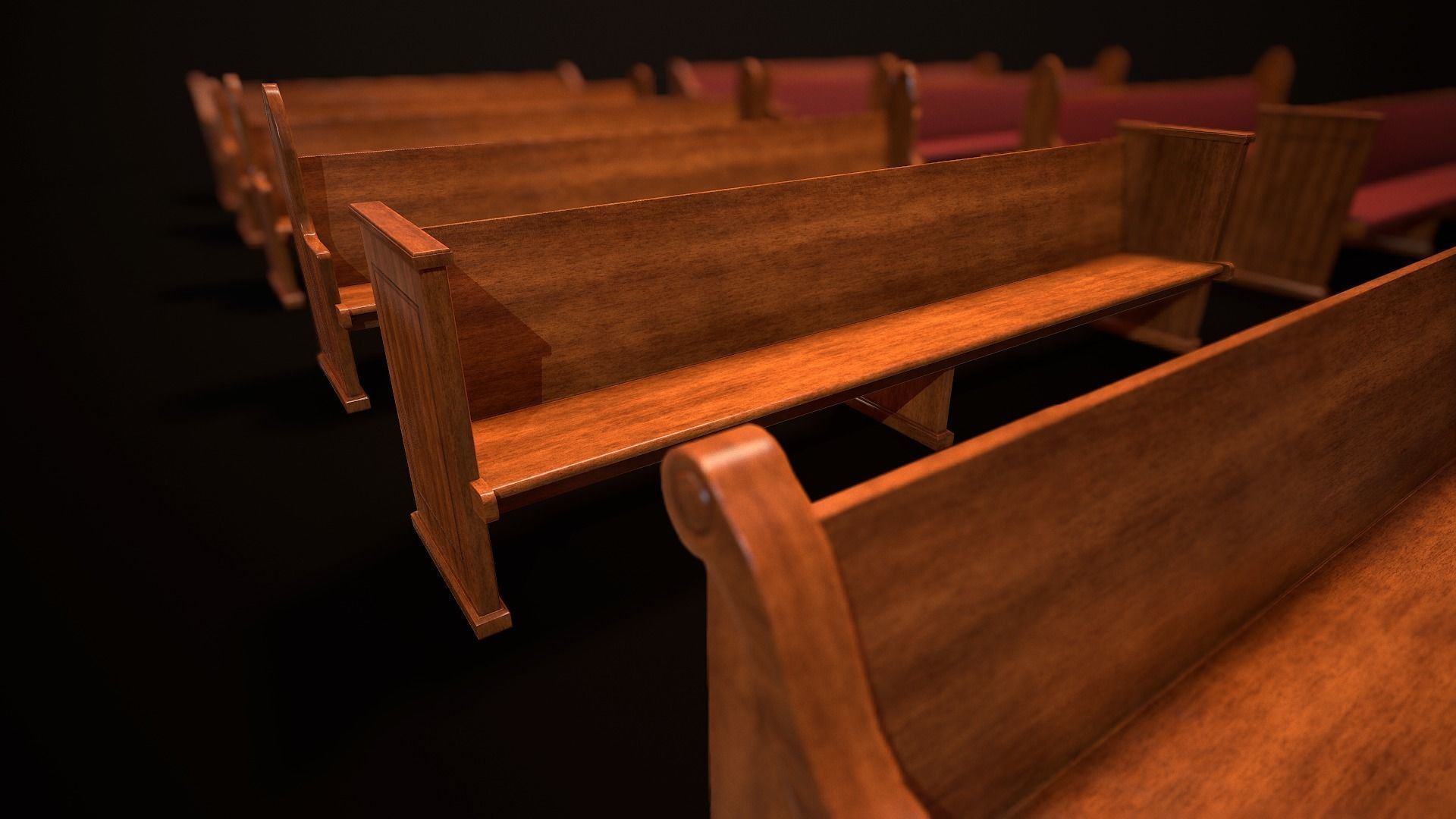 Game Ready Wooden Church Pews Set Low-poly 3D model_7