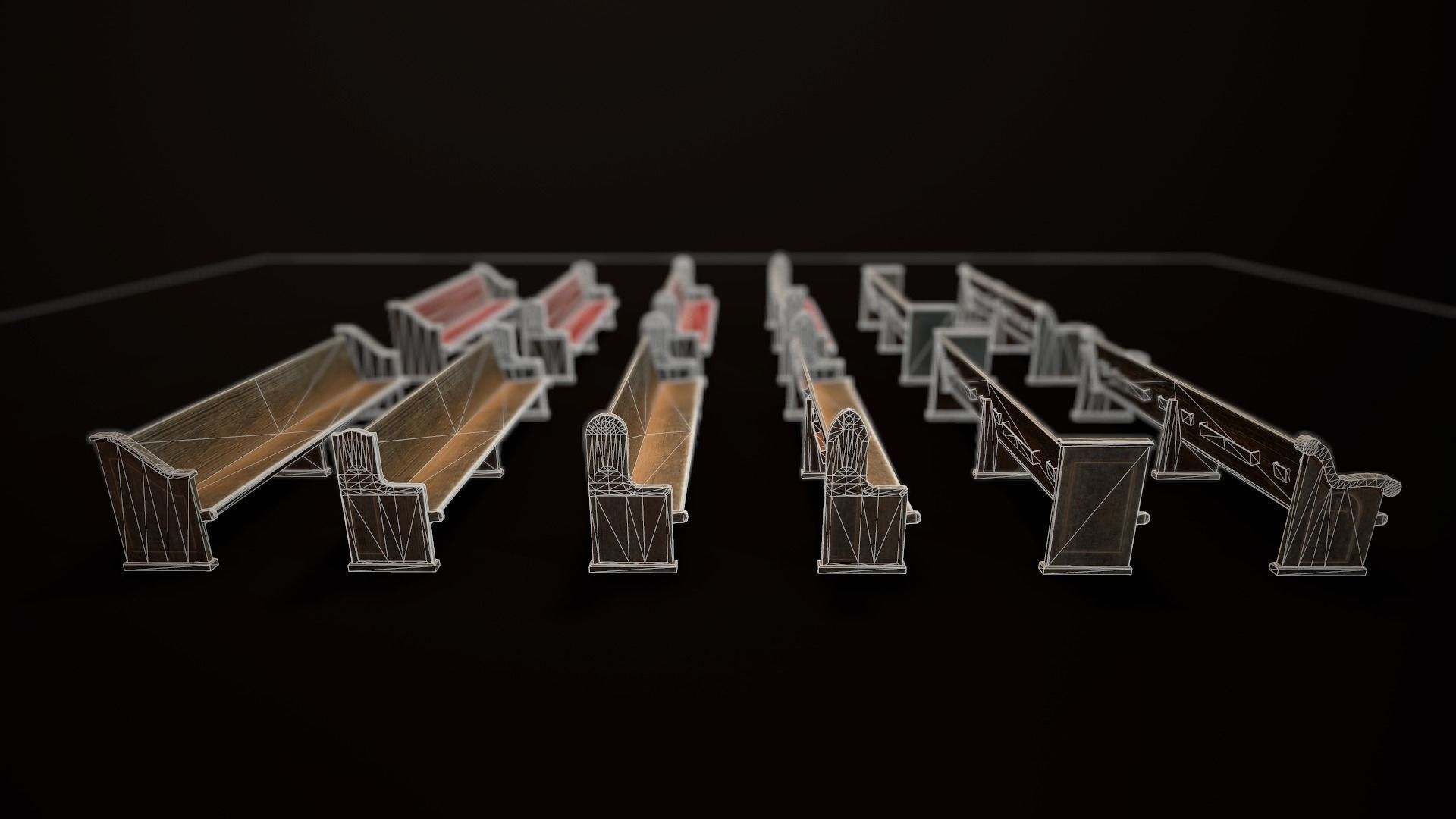 Game Ready Wooden Church Pews Set Low-poly 3D model_14
