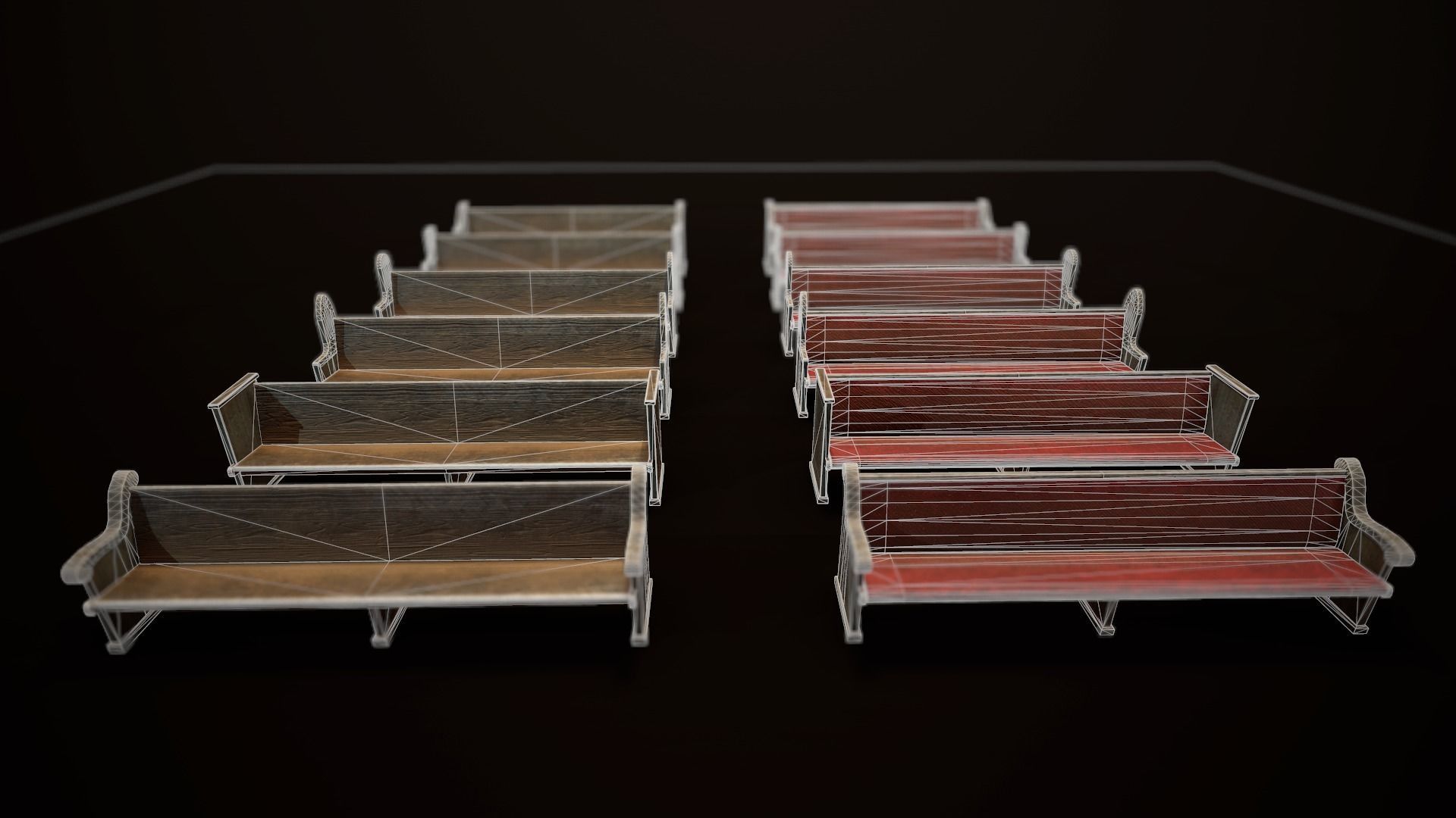 Game Ready Wooden Church Pews Set Low-poly 3D model_13