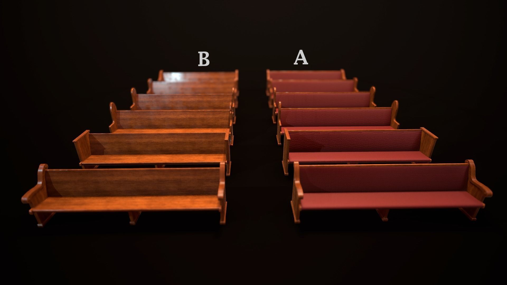 Game Ready Wooden Church Pews Set Low-poly 3D model_16
