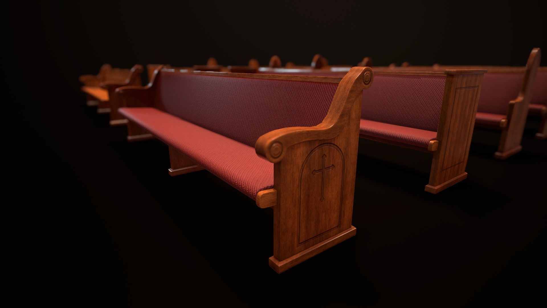 Game Ready Wooden Church Pews Set Low-poly 3D model_8
