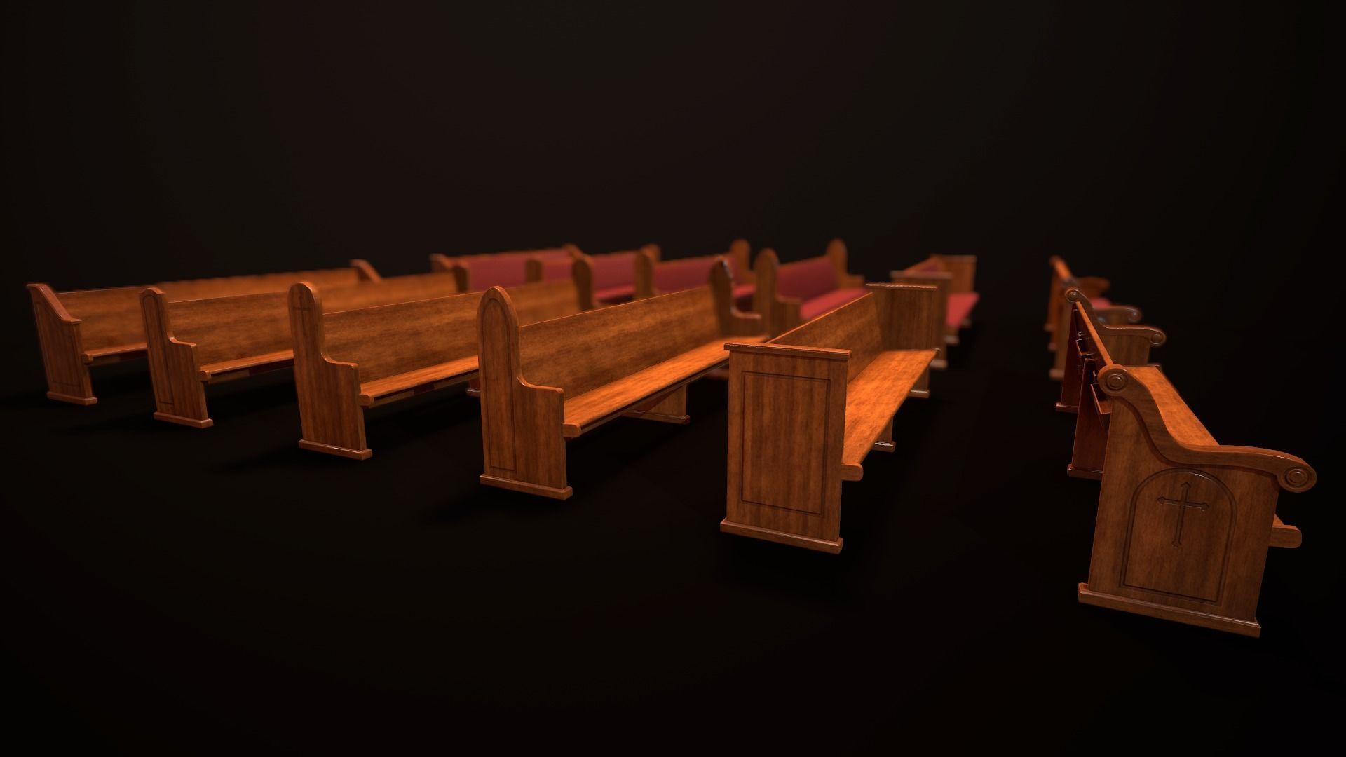 Game Ready Wooden Church Pews Set Low-poly 3D model_10