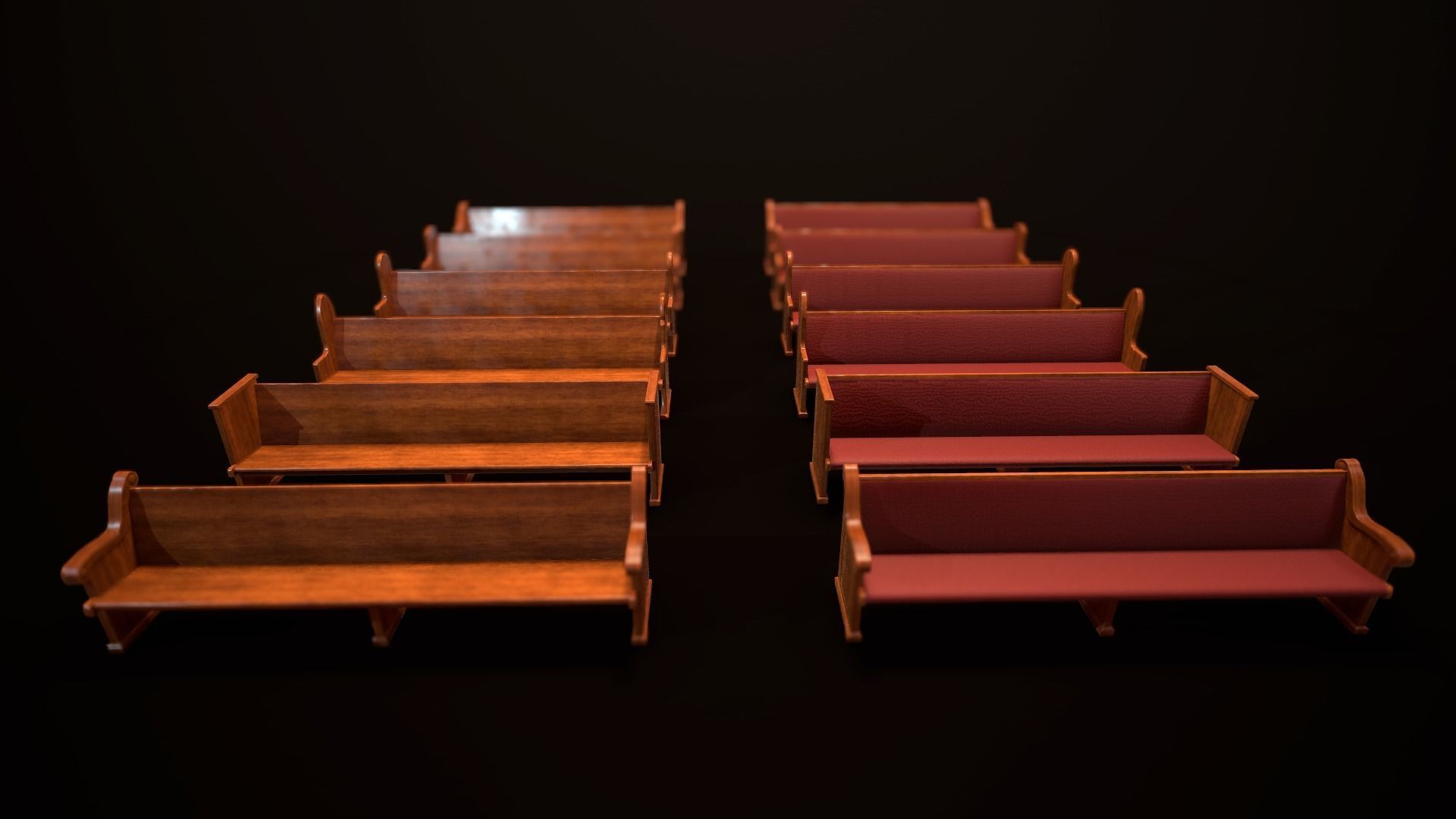 Game Ready Wooden Church Pews Set Low-poly 3D model_2