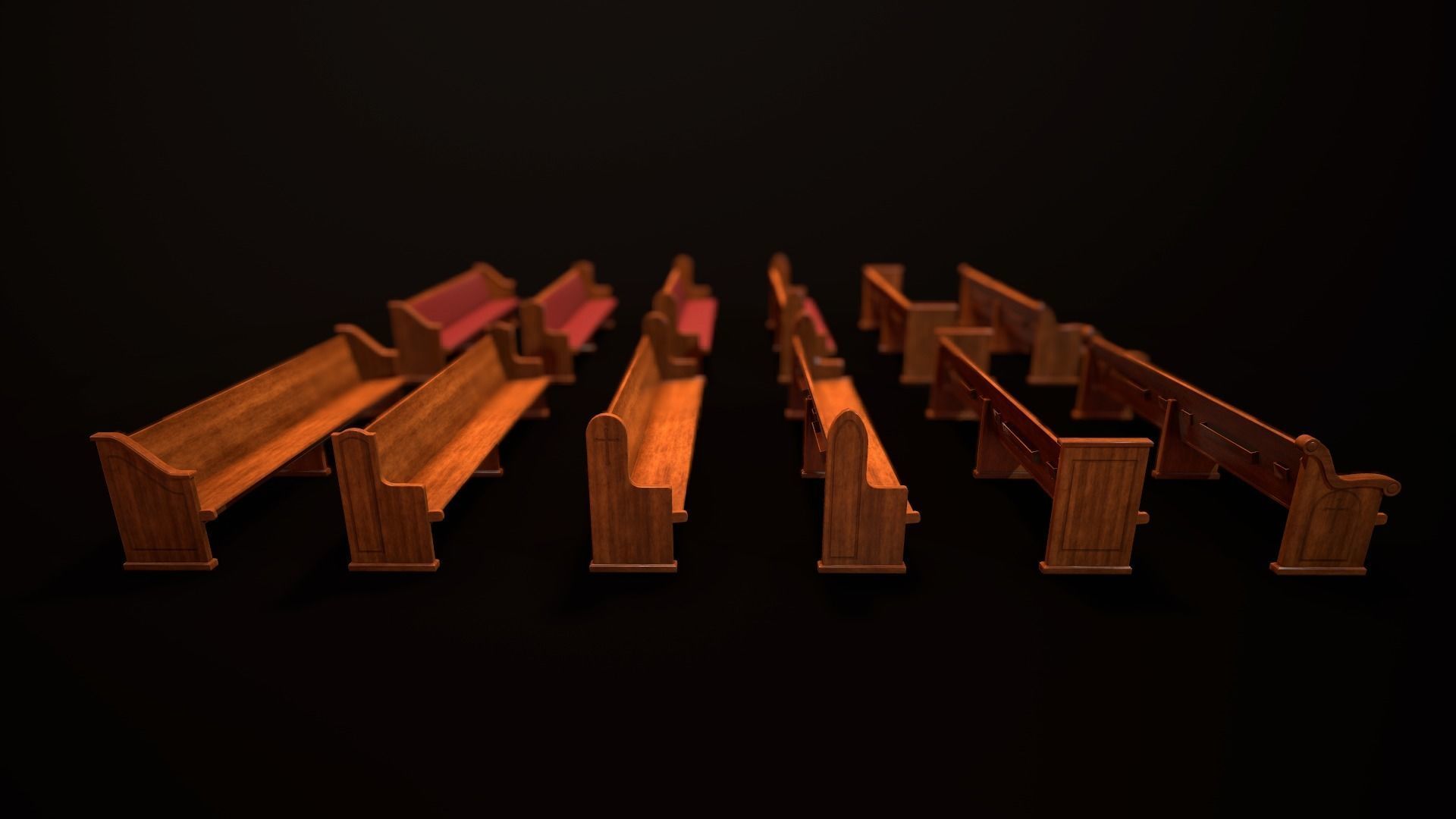 Game Ready Wooden Church Pews Set Low-poly 3D model_4