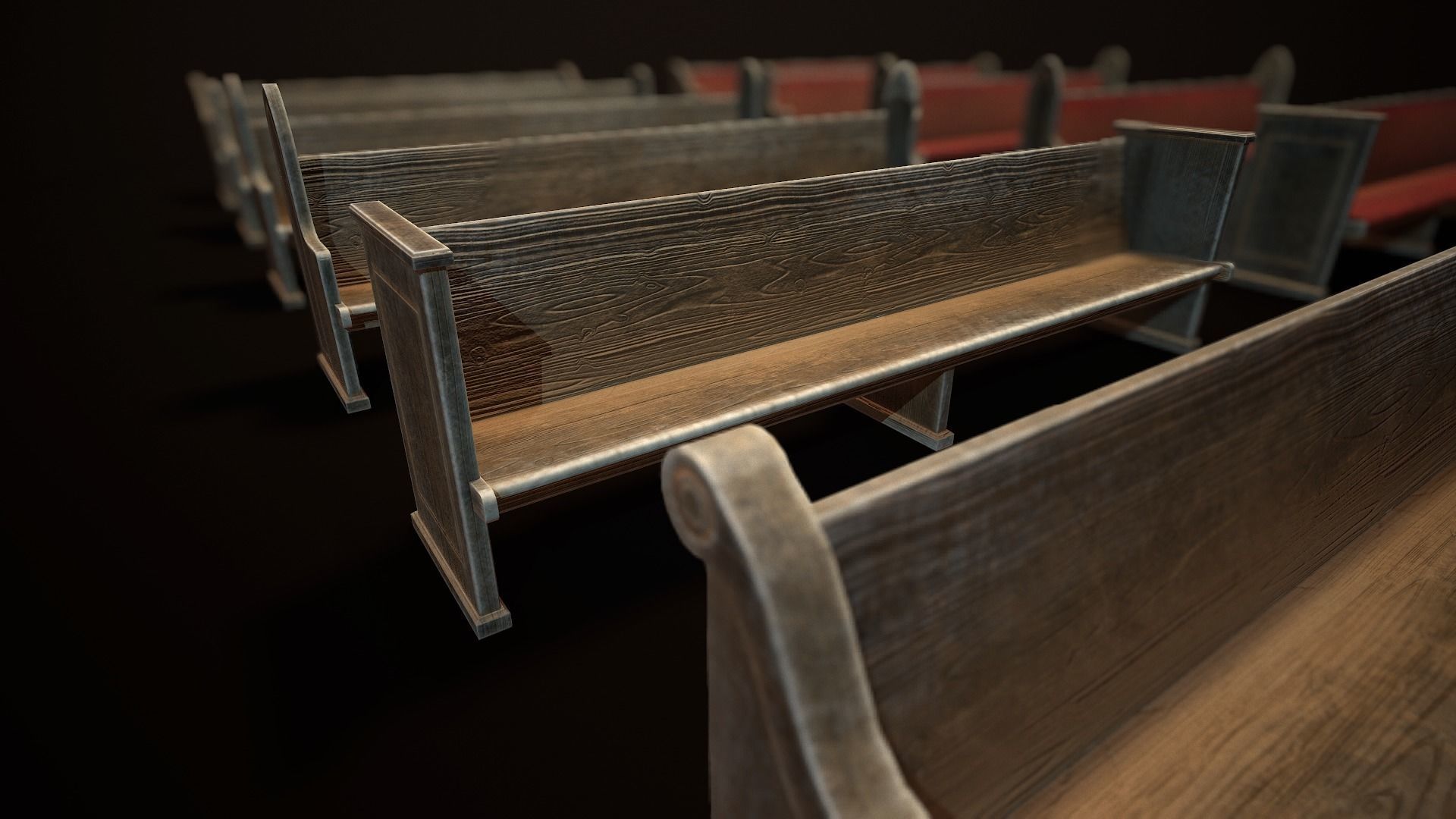 Game Ready Wooden Church Pews Set Low-poly 3D model_11