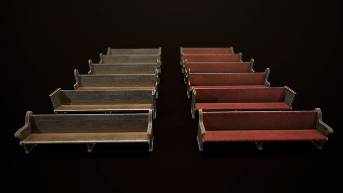Game Ready Wooden Church Pews Set Low-poly 3D model