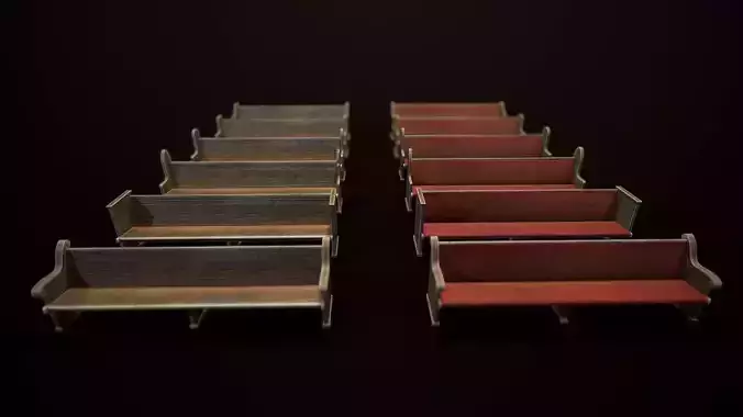 Game Ready Wooden Church Pews Set Low-poly 3D model