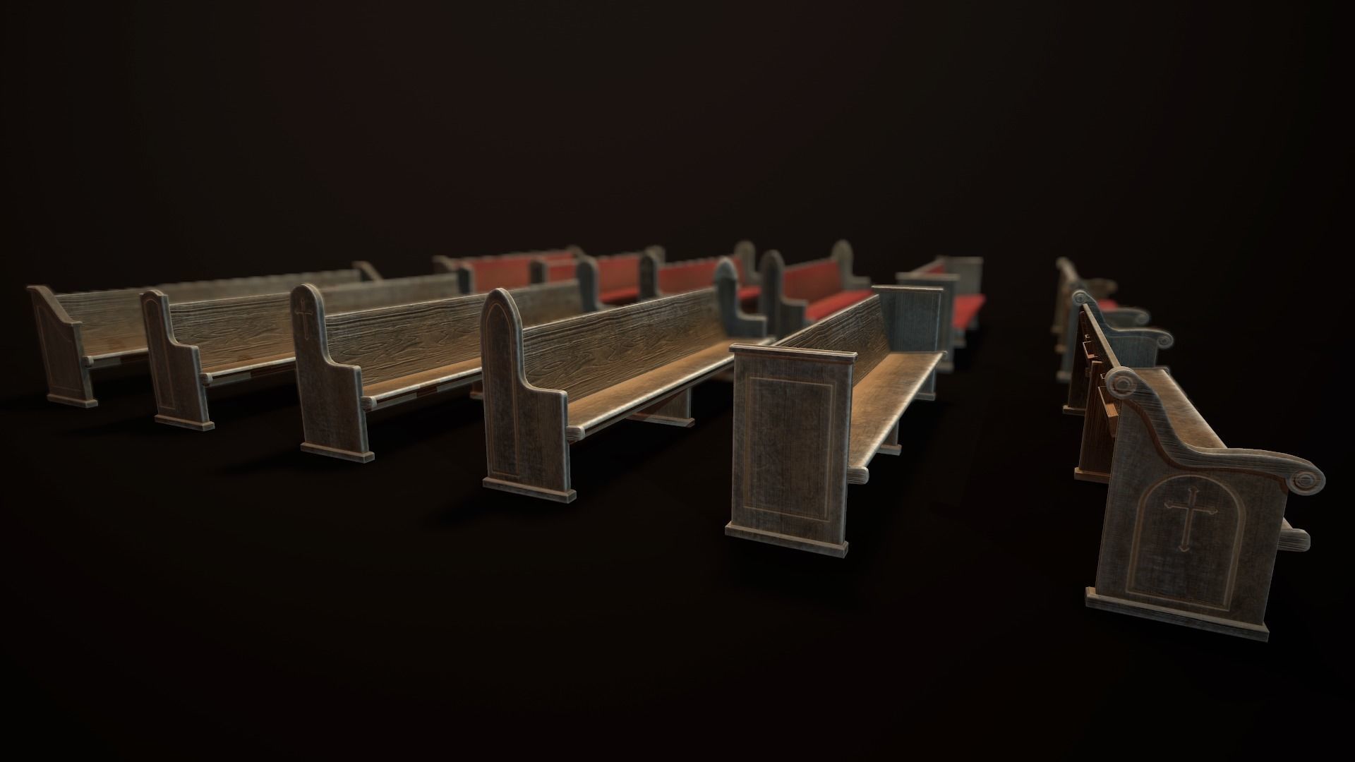 Game Ready Wooden Church Pews Set Low-poly 3D model_12