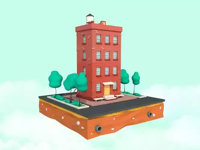 Cartoon Low Poly Brooklyn House Building