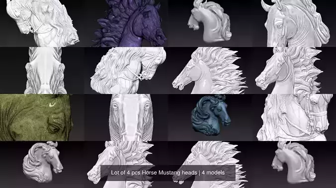 Lot of 4 pcs Horse Mustang heads 3D Model Collection