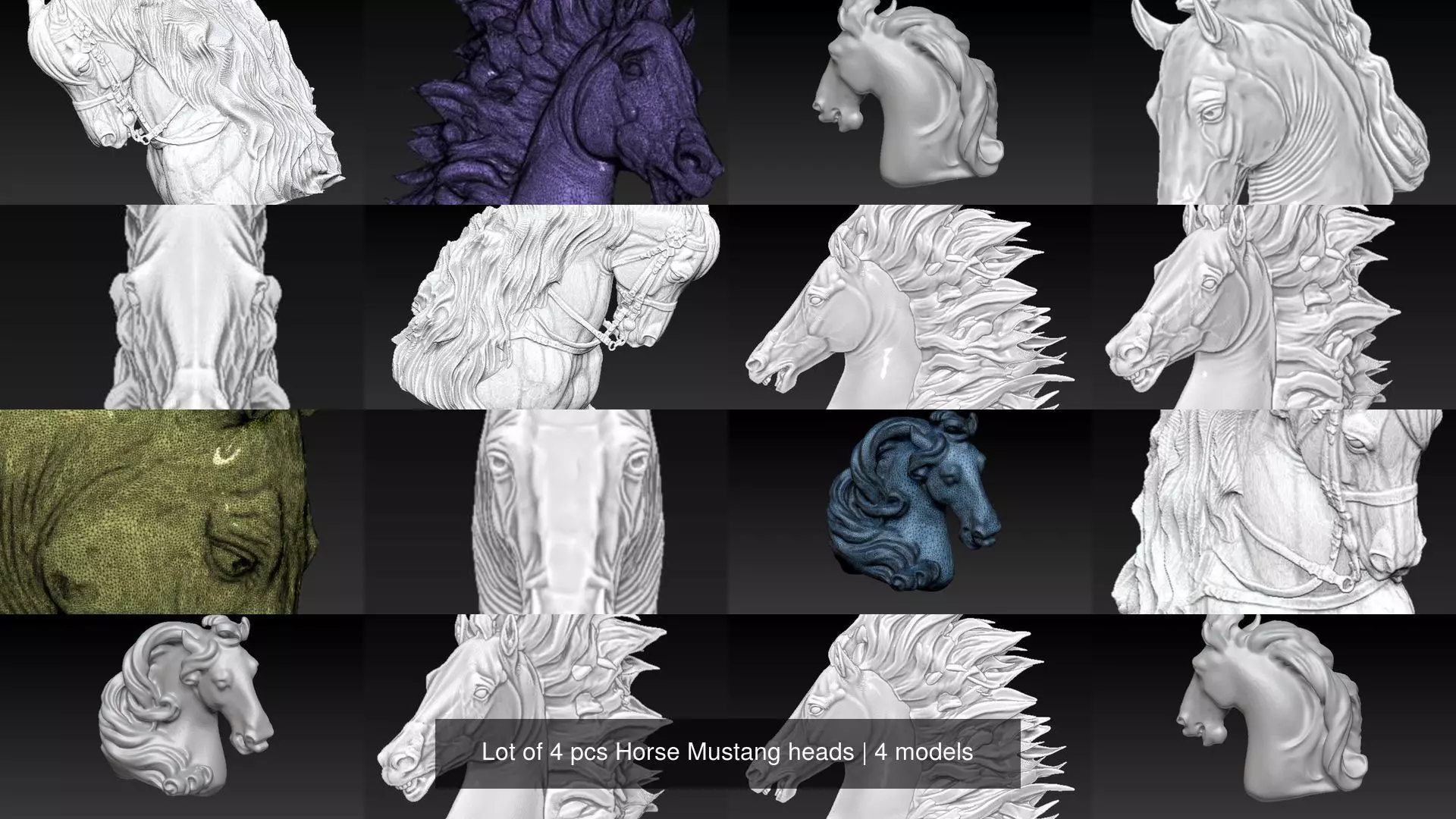 Lot of 4 pcs Horse Mustang heads 3D Model Collection_0