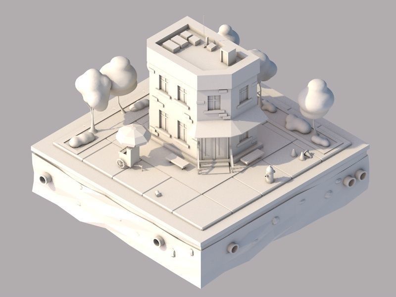 Cartoon Low Poly Brooklyn Small House Building Low-poly 3D model_5