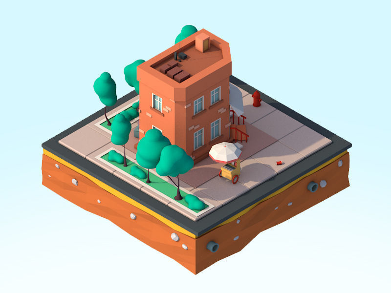 Cartoon Low Poly Brooklyn Small House Building Low-poly 3D model_3