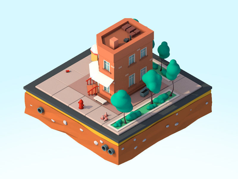 Cartoon Low Poly Brooklyn Small House Building Low-poly 3D model_1