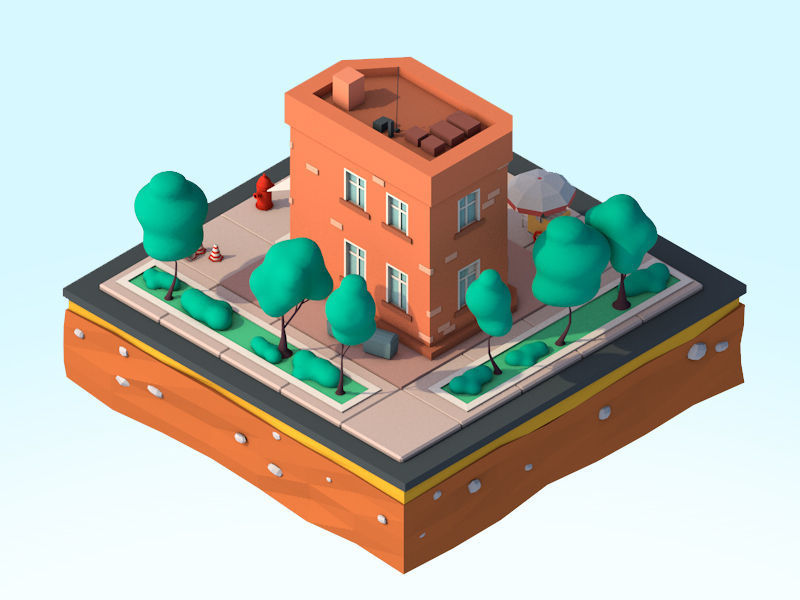 Cartoon Low Poly Brooklyn Small House Building Low-poly 3D model_2