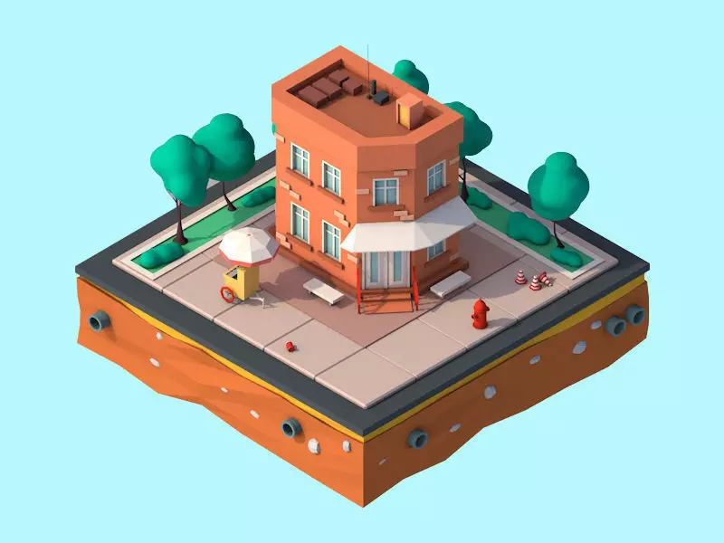 Cartoon Low Poly Brooklyn Small House Building Low-poly 3D model_0
