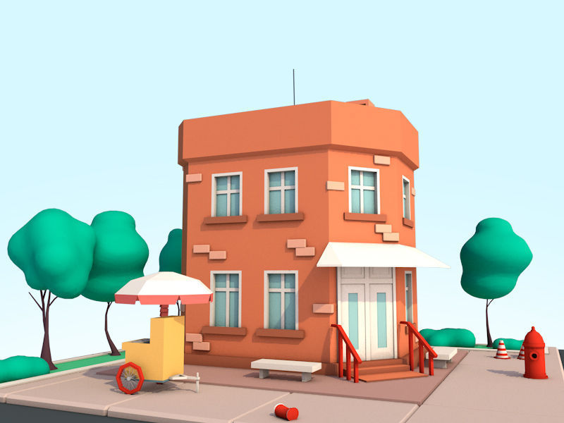 Cartoon Low Poly Brooklyn Small House Building Low-poly 3D model_4