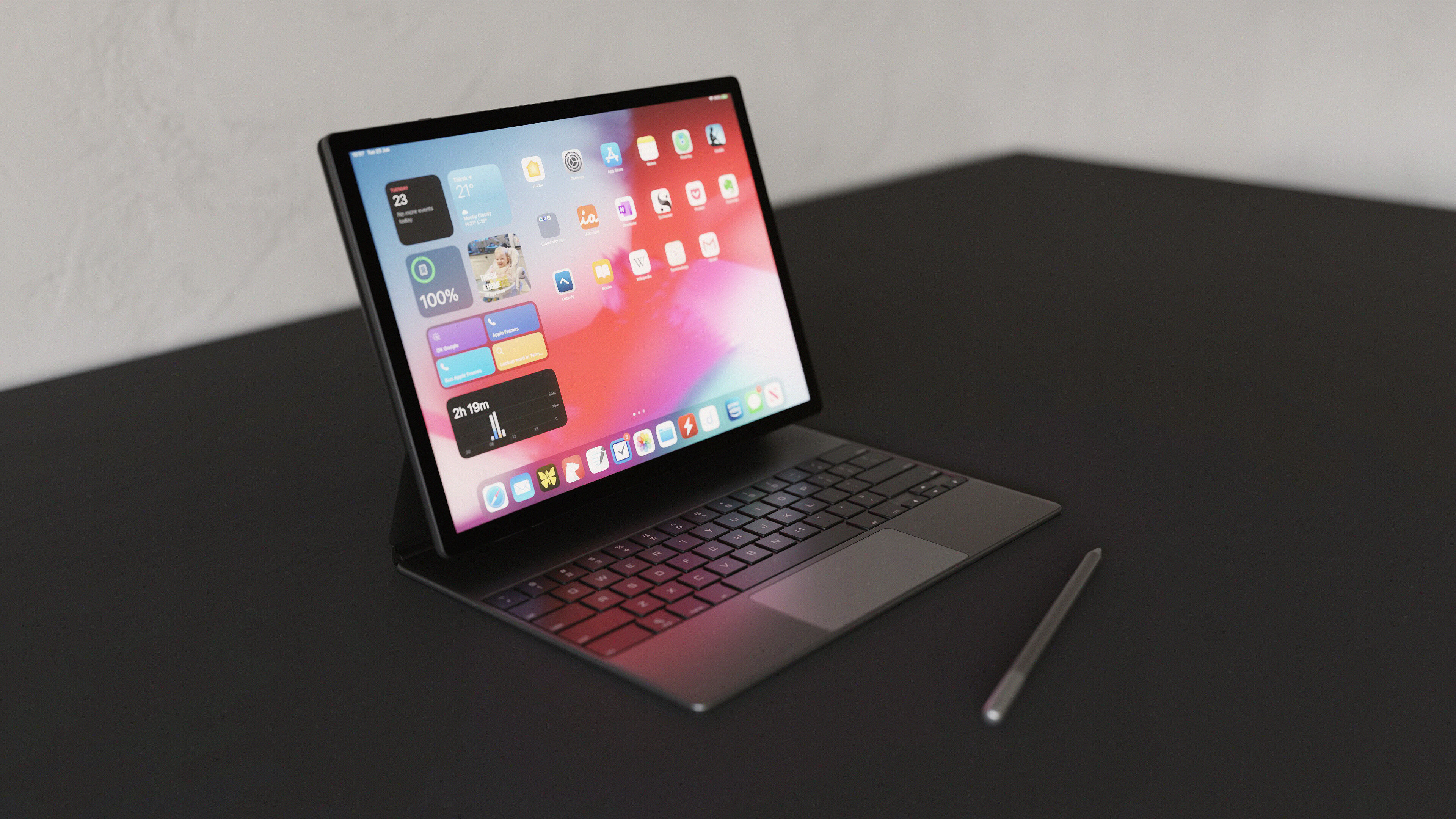 Large Digital Tablet With Keyboard Case and Stylus Low-poly 3D model_1