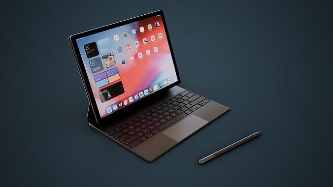 Large Digital Tablet With Keyboard Case and Stylus Low-poly 3D model