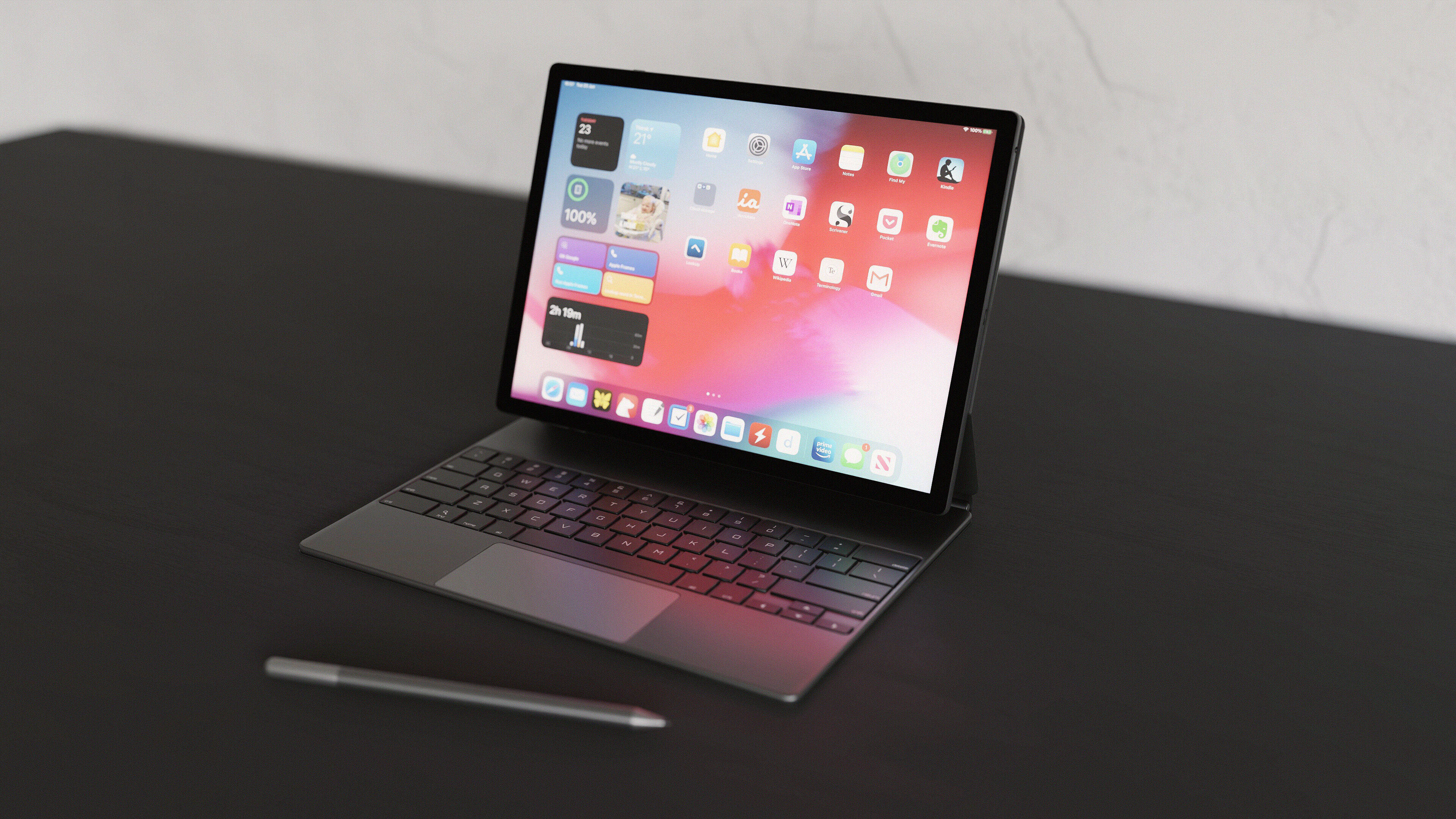 Large Digital Tablet With Keyboard Case and Stylus Low-poly 3D model_2