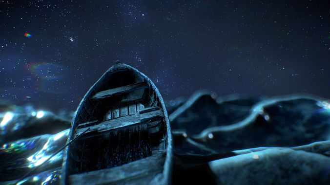 Adrift boat floating in water under starry sky Low-poly 3D model