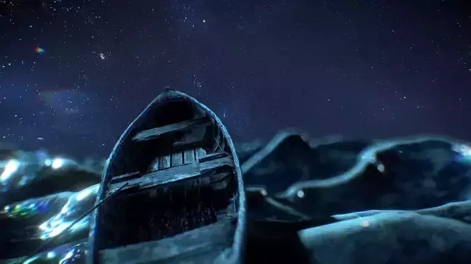 Adrift boat floating in water under starry sky