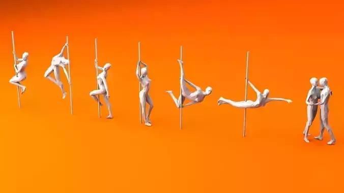 6 Pole Dancers and 1 Dancing Couple MInimalist Low-poly 3D model