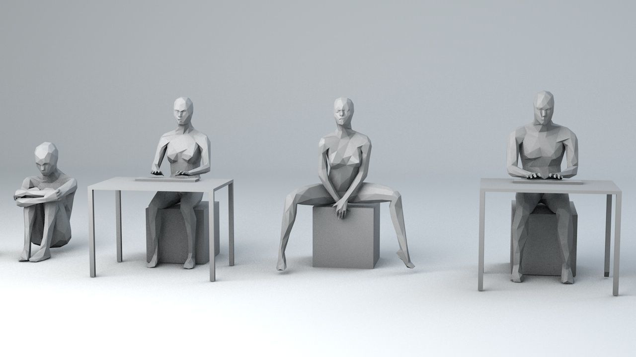 10 Sitting and 3 Kneeing People MInimalist Low-poly 3D model_6