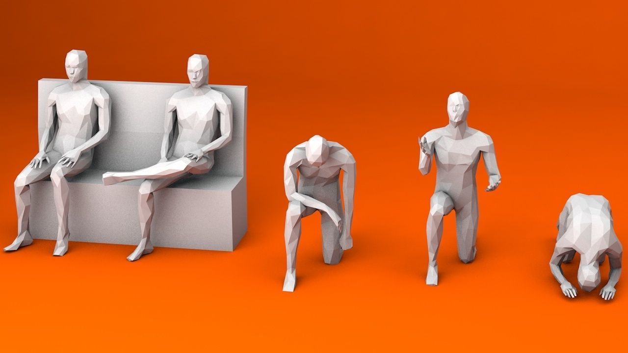 10 Sitting and 3 Kneeing People MInimalist Low-poly 3D model_4