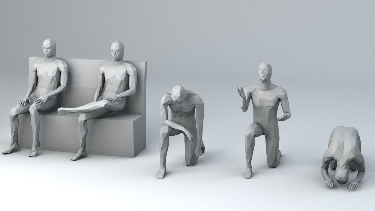 10 Sitting and 3 Kneeing People MInimalist Low-poly 3D model_7