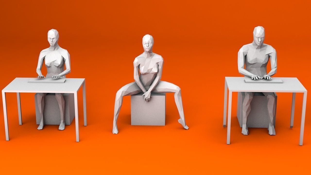 10 Sitting and 3 Kneeing People MInimalist Low-poly 3D model_3