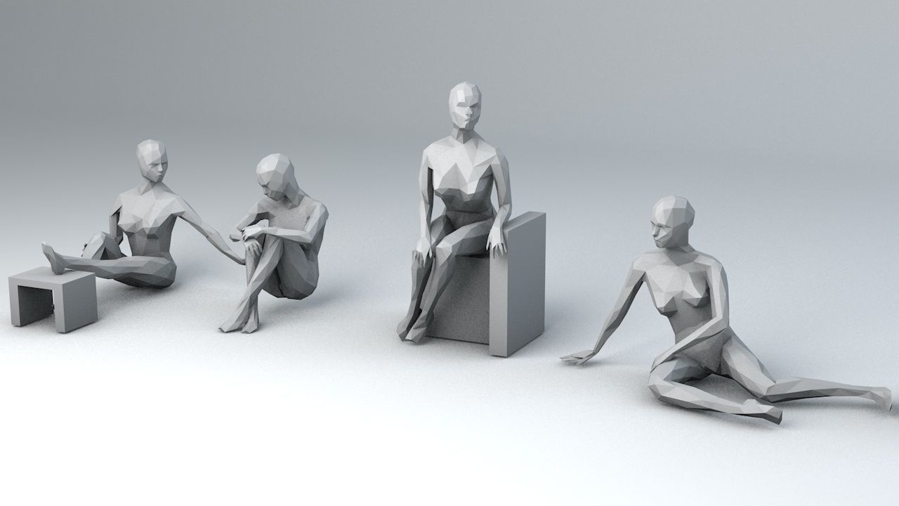 10 Sitting and 3 Kneeing People MInimalist Low-poly 3D model_5