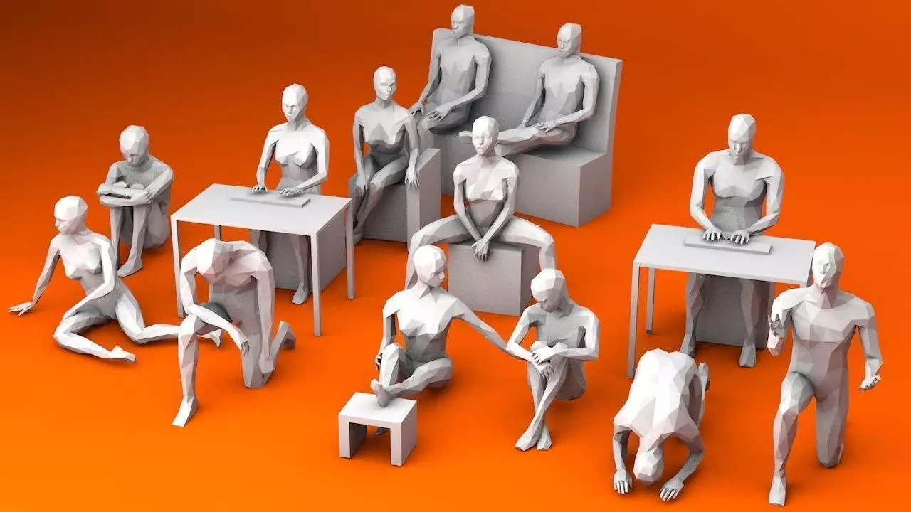 10 Sitting and 3 Kneeing People MInimalist Low-poly 3D model_0