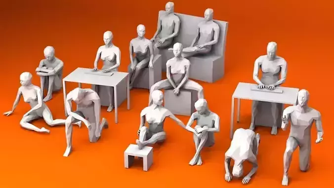 10 Sitting and 3 Kneeing People MInimalist Low-poly 3D model