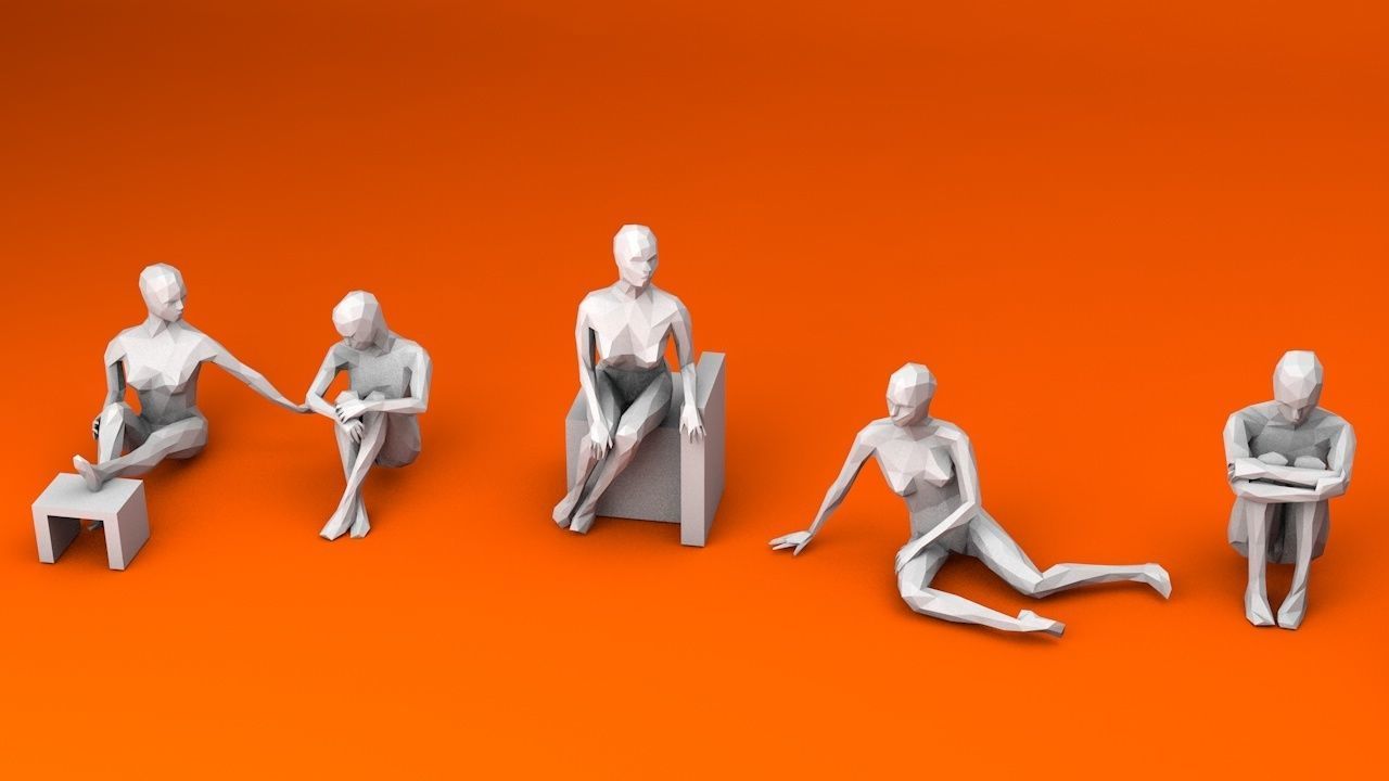 10 Sitting and 3 Kneeing People MInimalist Low-poly 3D model_2