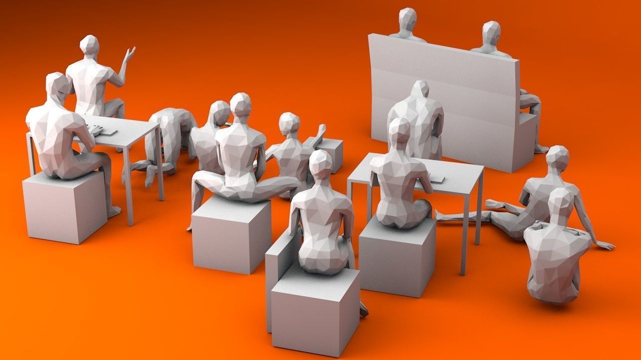 10 Sitting and 3 Kneeing People MInimalist Low-poly 3D model_1