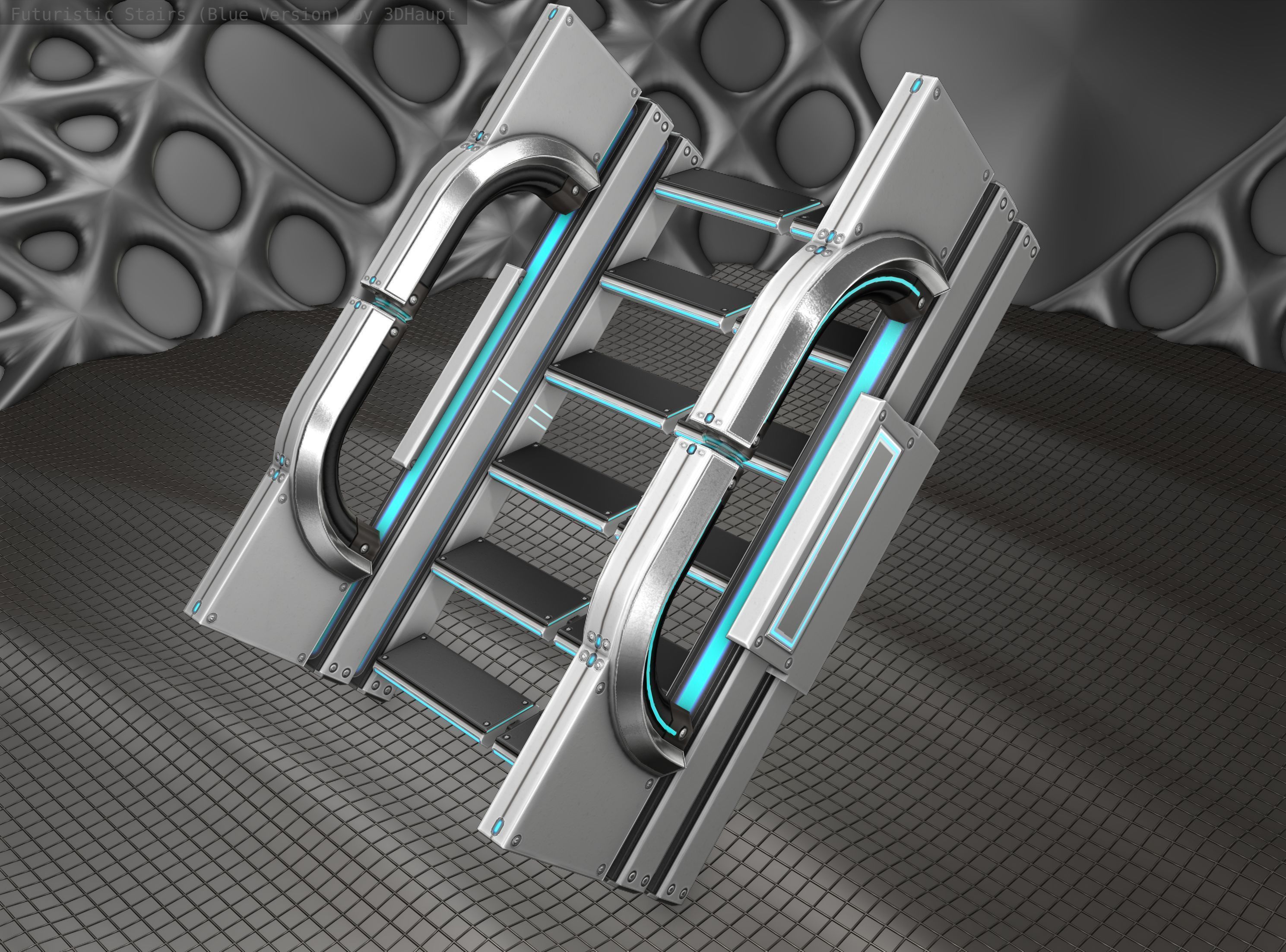 Sci-Fi Stairs - 3 - Silver Blue Neon Light Version Low-poly 3D model_9