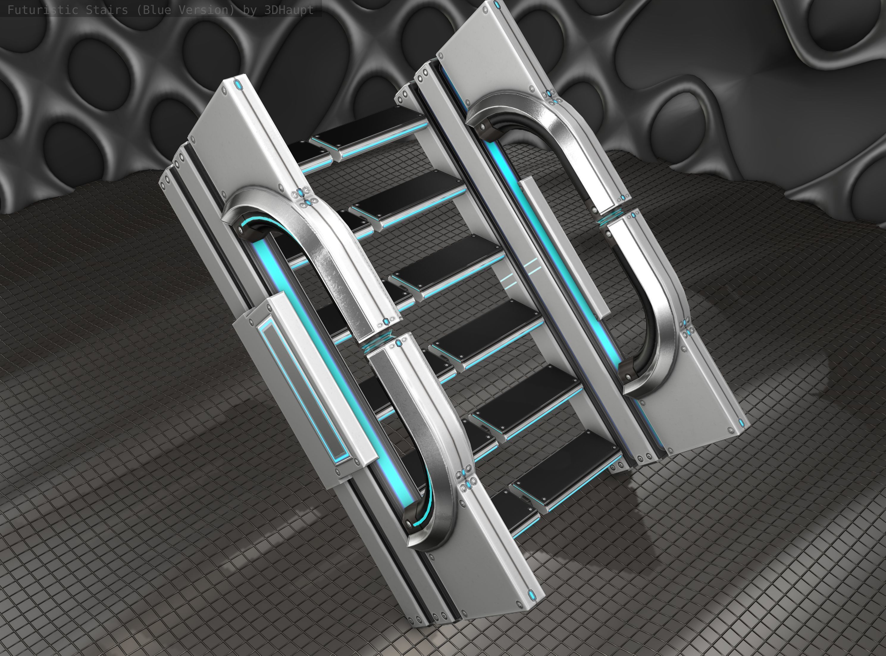 Sci-Fi Stairs - 3 - Silver Blue Neon Light Version Low-poly 3D model_7