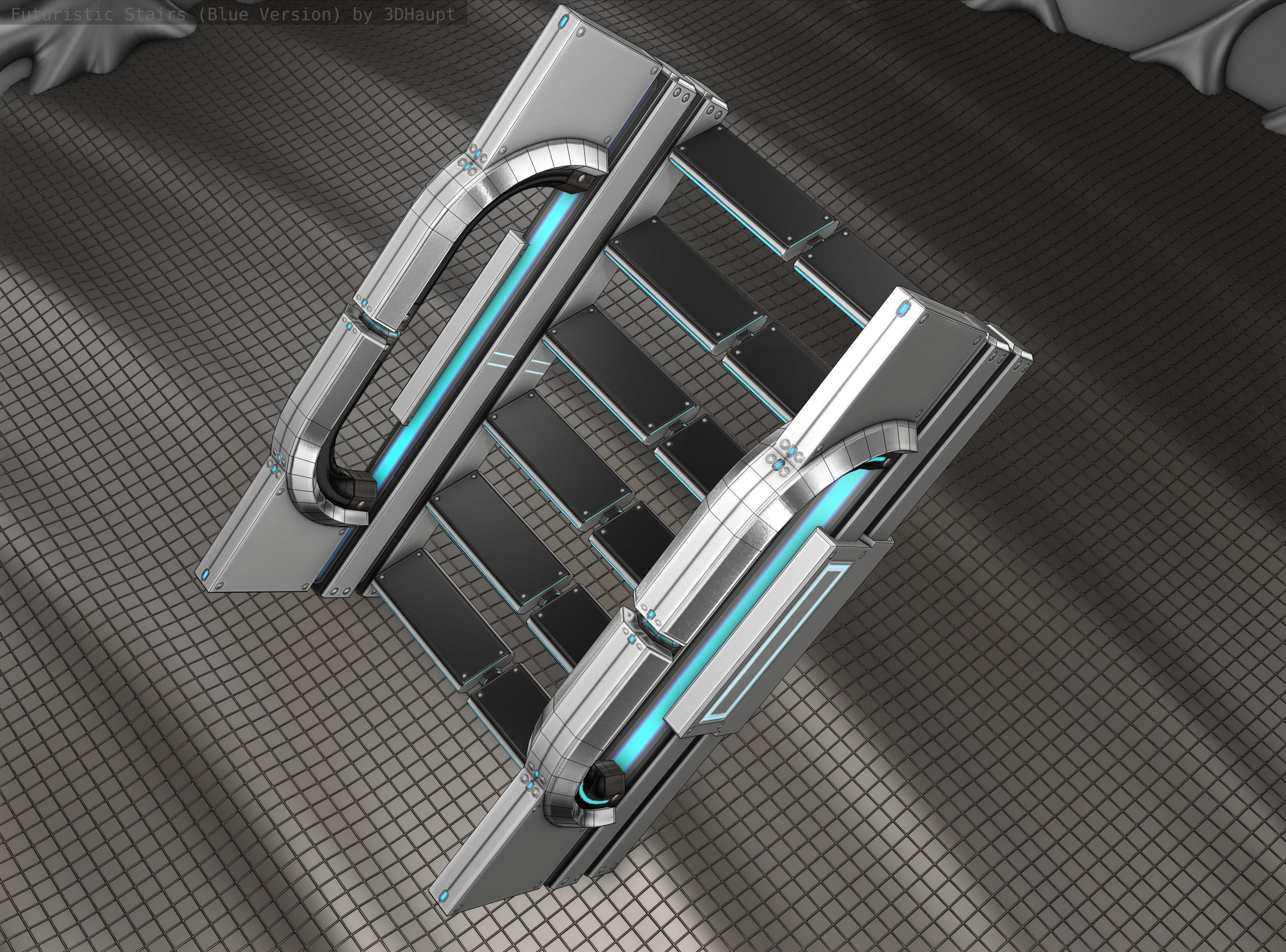 Sci-Fi Stairs - 3 - Silver Blue Neon Light Version Low-poly 3D model_16