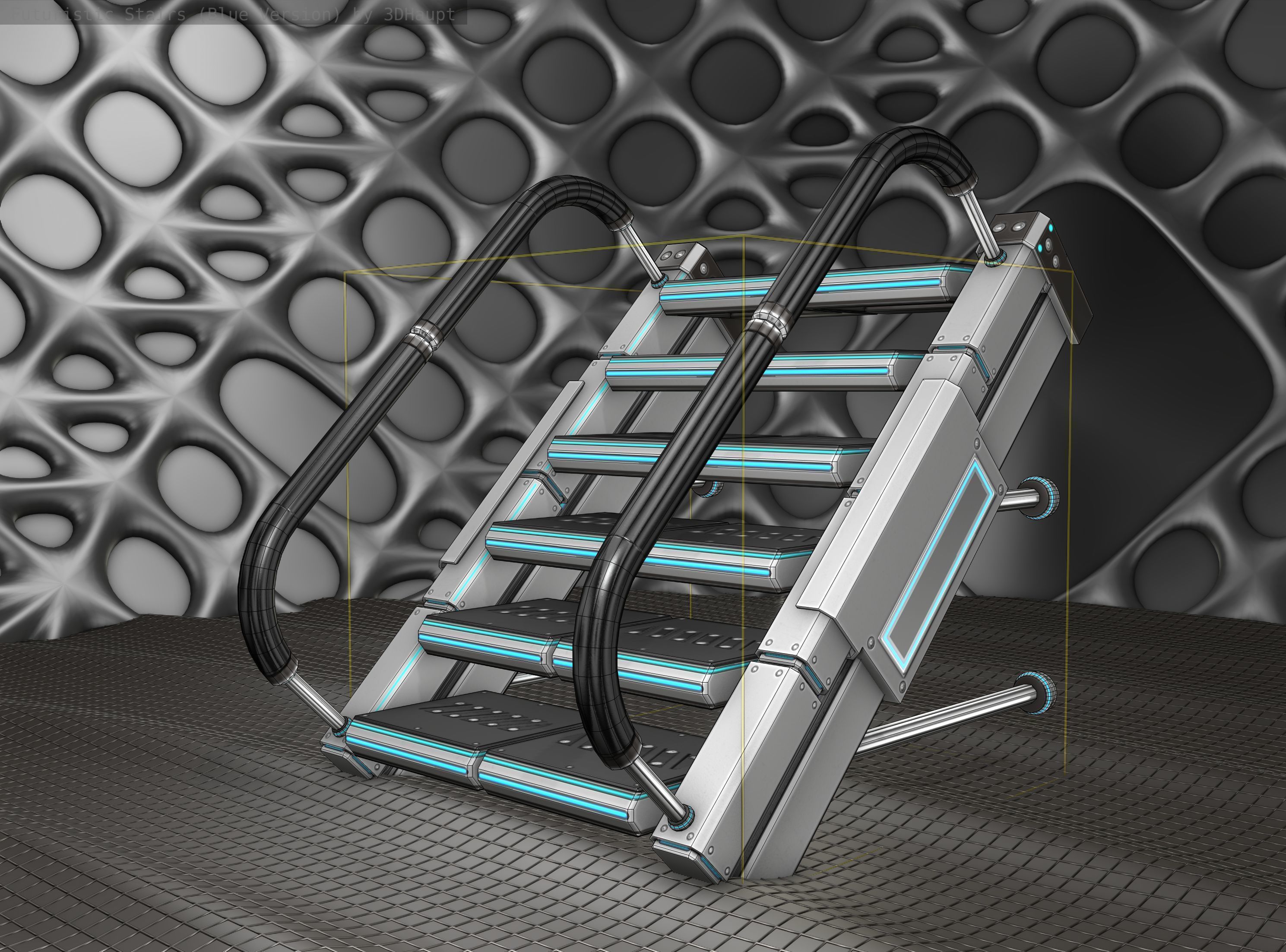 Sci-Fi Stairs - 5 - Silver Blue Neon Light Version Low-poly 3D model_9