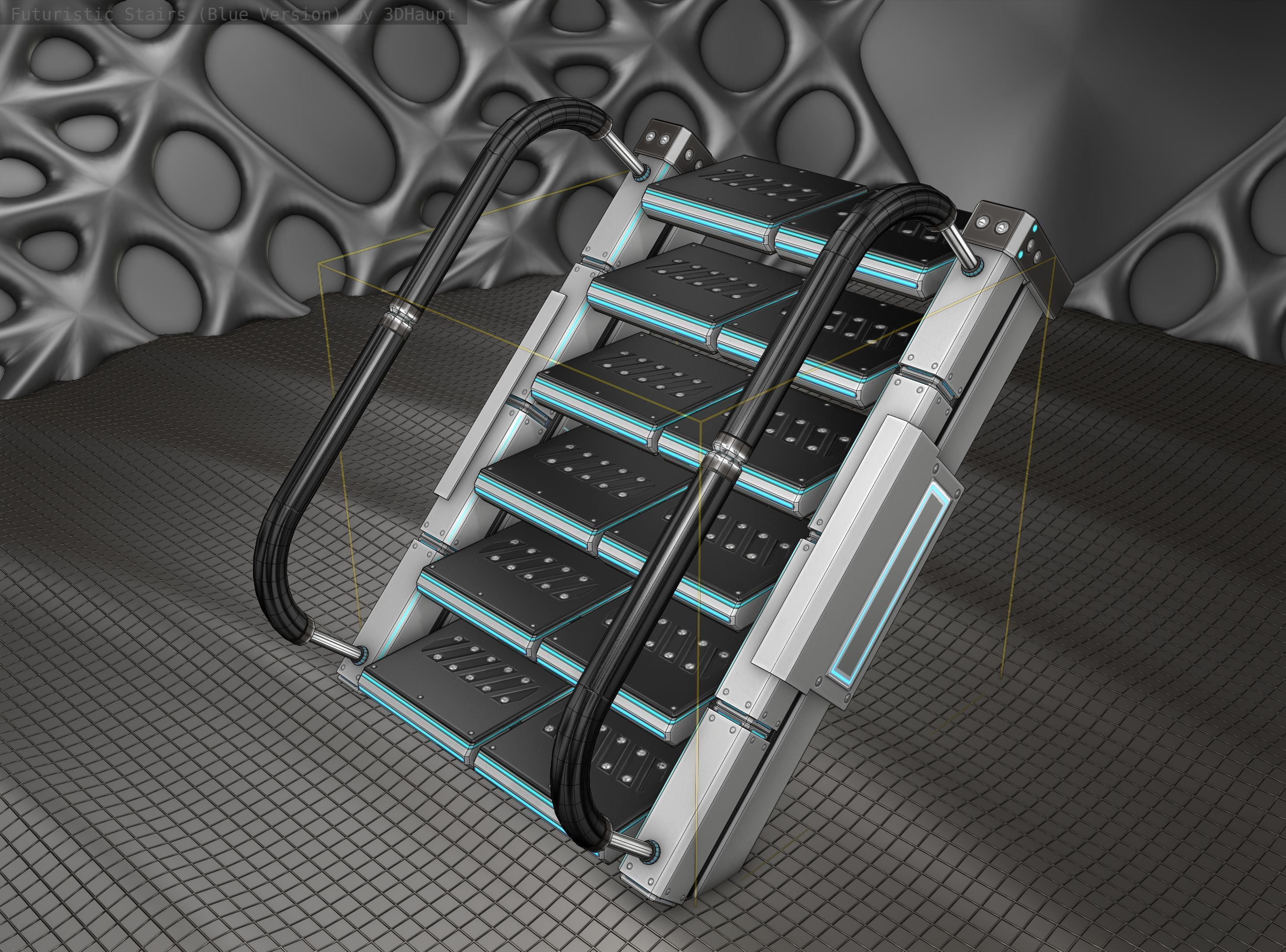Sci-Fi Stairs - 6 - Silver Blue Neon Light Version Low-poly 3D model_8